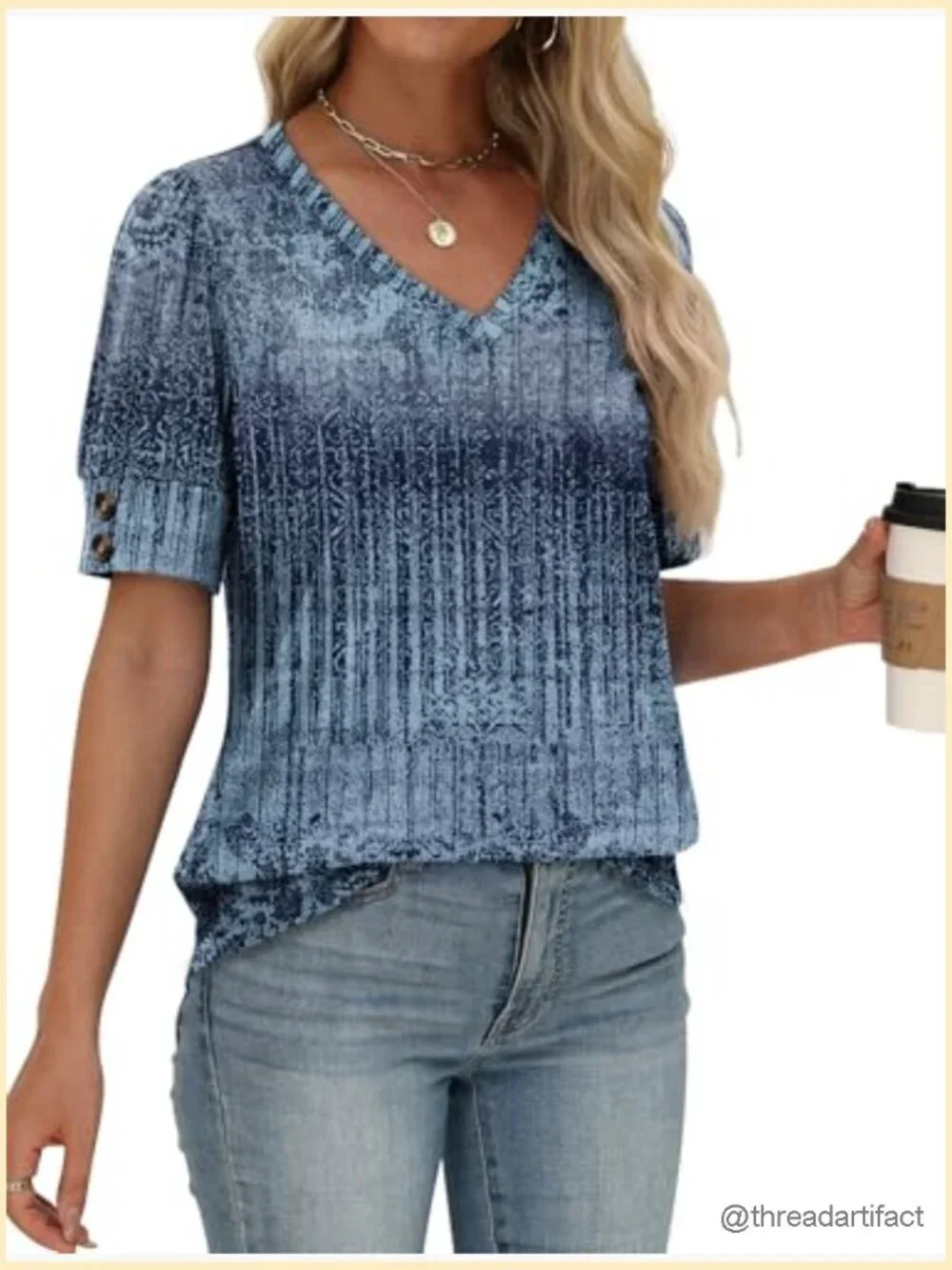 Short Sleeve V Neck Blouse Dressy Casual Top - Picture 3 of 7